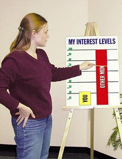 Duquette makes a point to her boyfriend using a chart made at Copy Express.